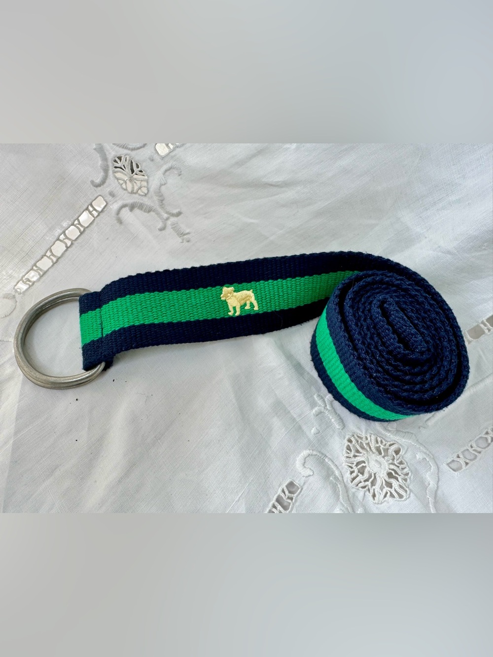 Men’s Navy and Green Striped Webbing Belt with Gold Bulldog Accent